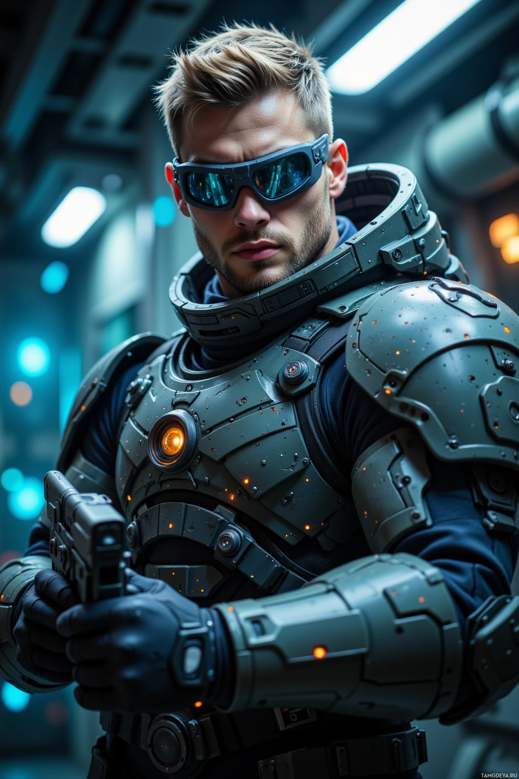 A person in futuristic armor holding a weapon in a sci-fi setting.