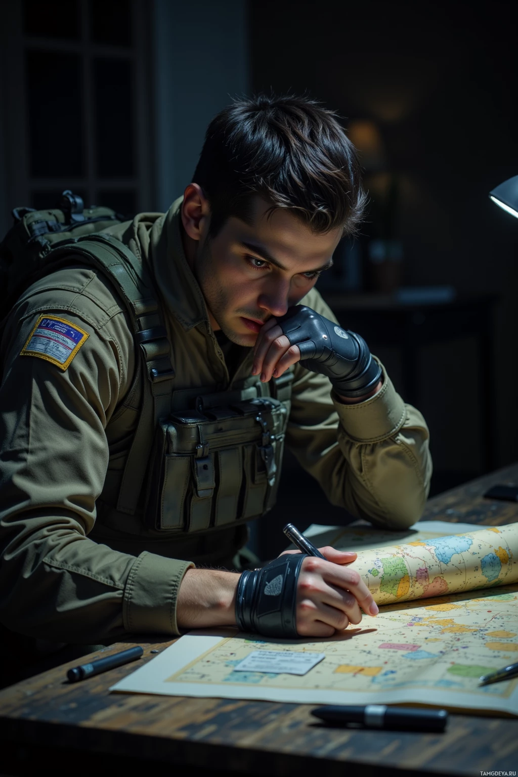 A soldier in uniform is studying a map at a desk.