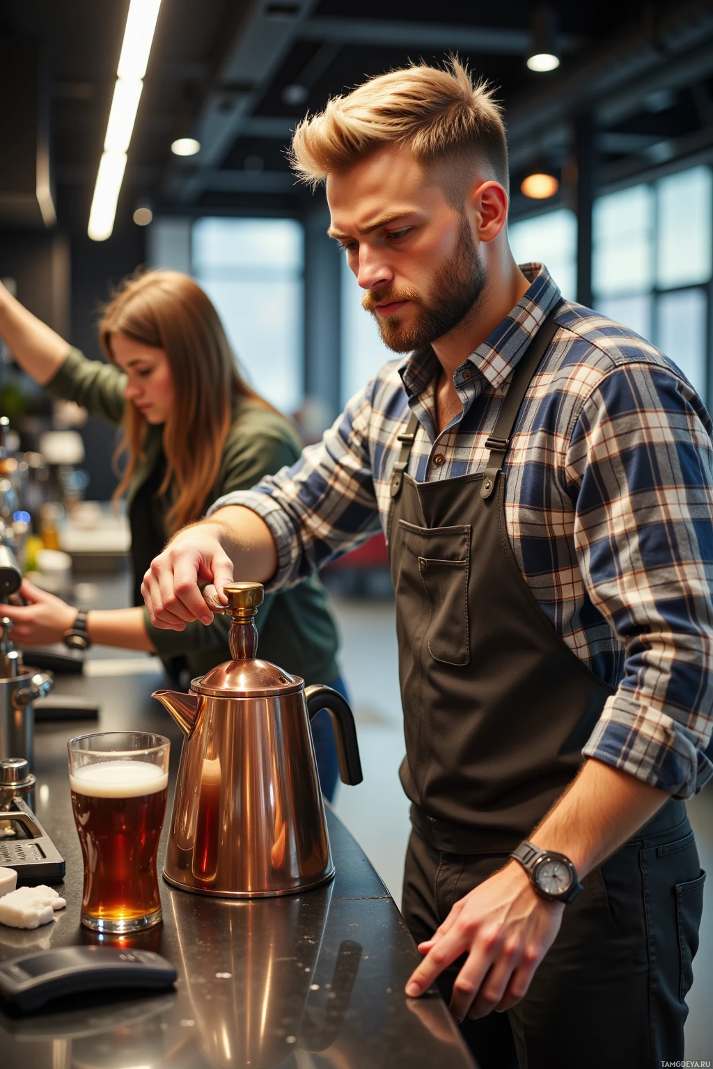 A man in a plaid shirt and apron pours a drink from a copper kettle into a glass at a bar.