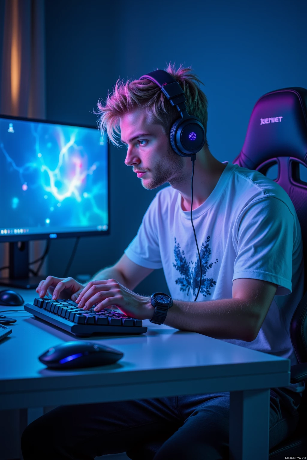 A person wearing headphones is seated at a desk, focused on a computer screen displaying a colorful game.