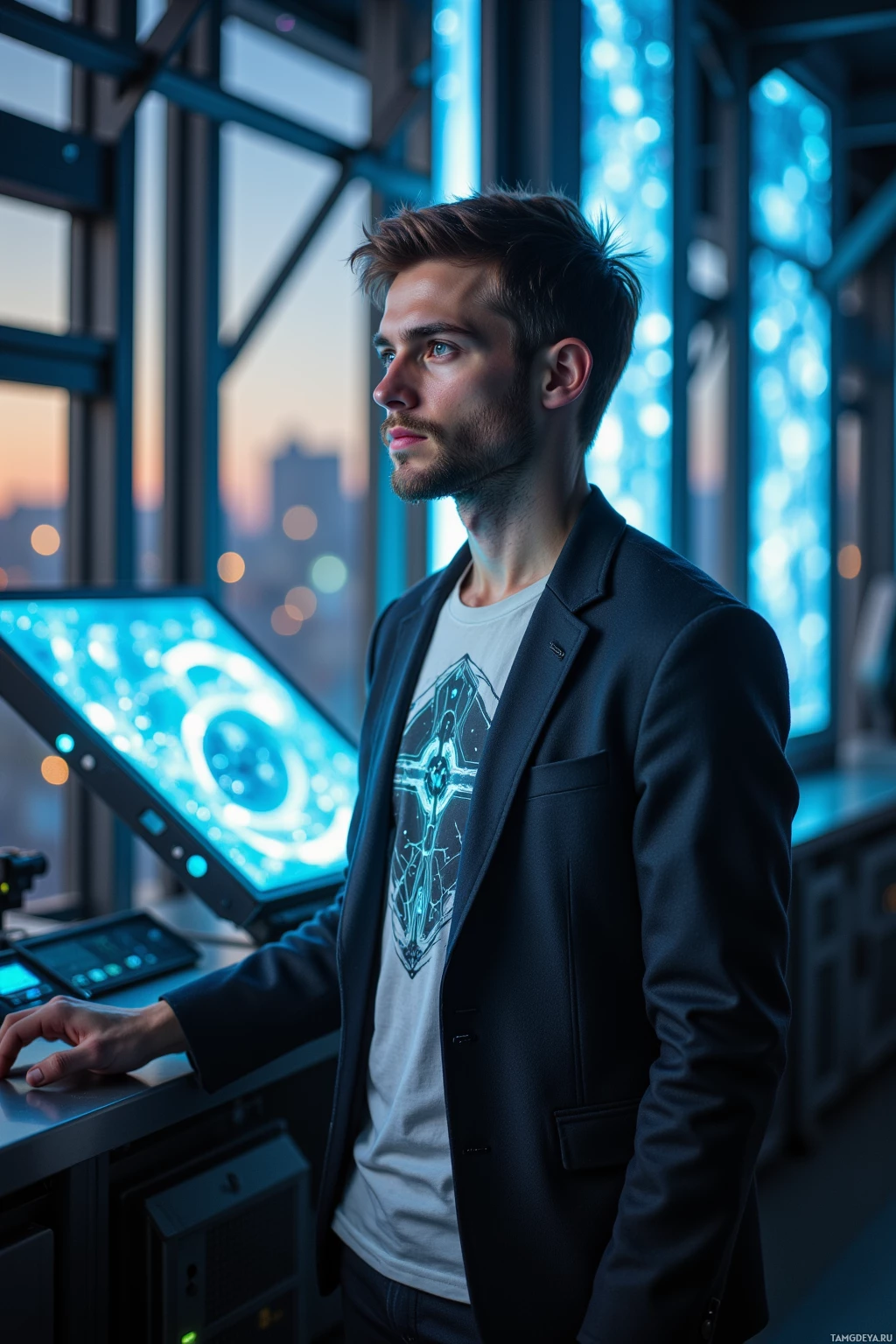 A man in a suit stands in front of a control panel with glowing screens.