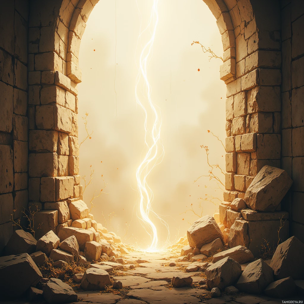 A stone archway leads to a bright, glowing light source, with scattered rocks and dry vegetation in the foreground.