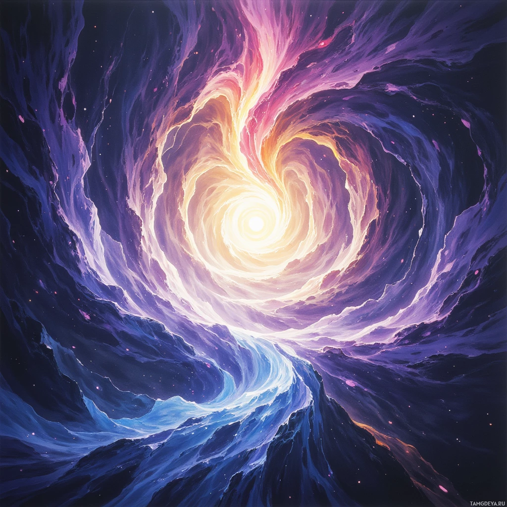 A swirling cosmic vortex with vibrant purple and yellow hues.