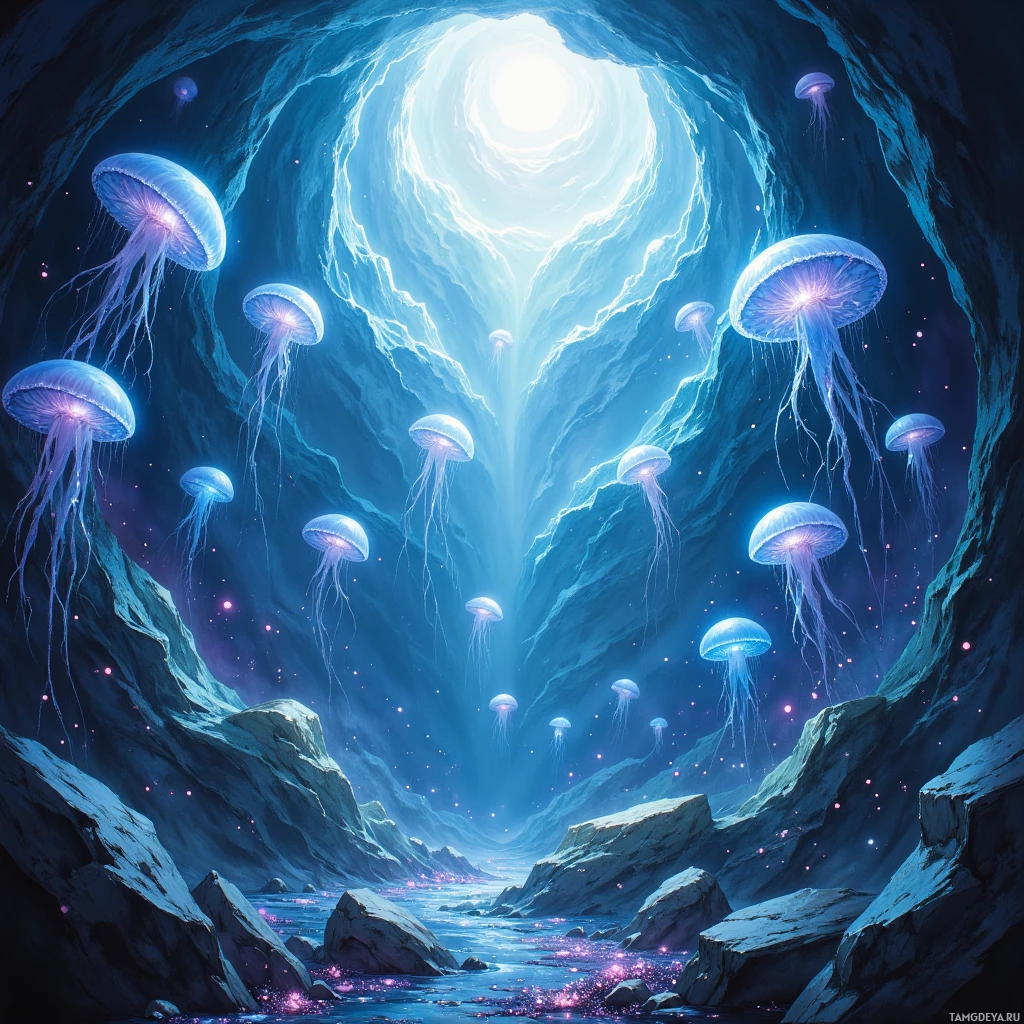 A glowing cave scene with jellyfish-like creatures floating in a luminous, ethereal environment.