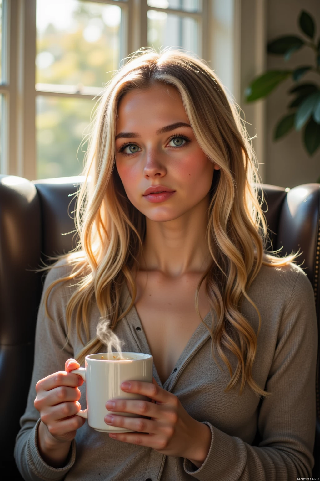 A woman with long blonde hair sits in a chair, holding a steaming mug.