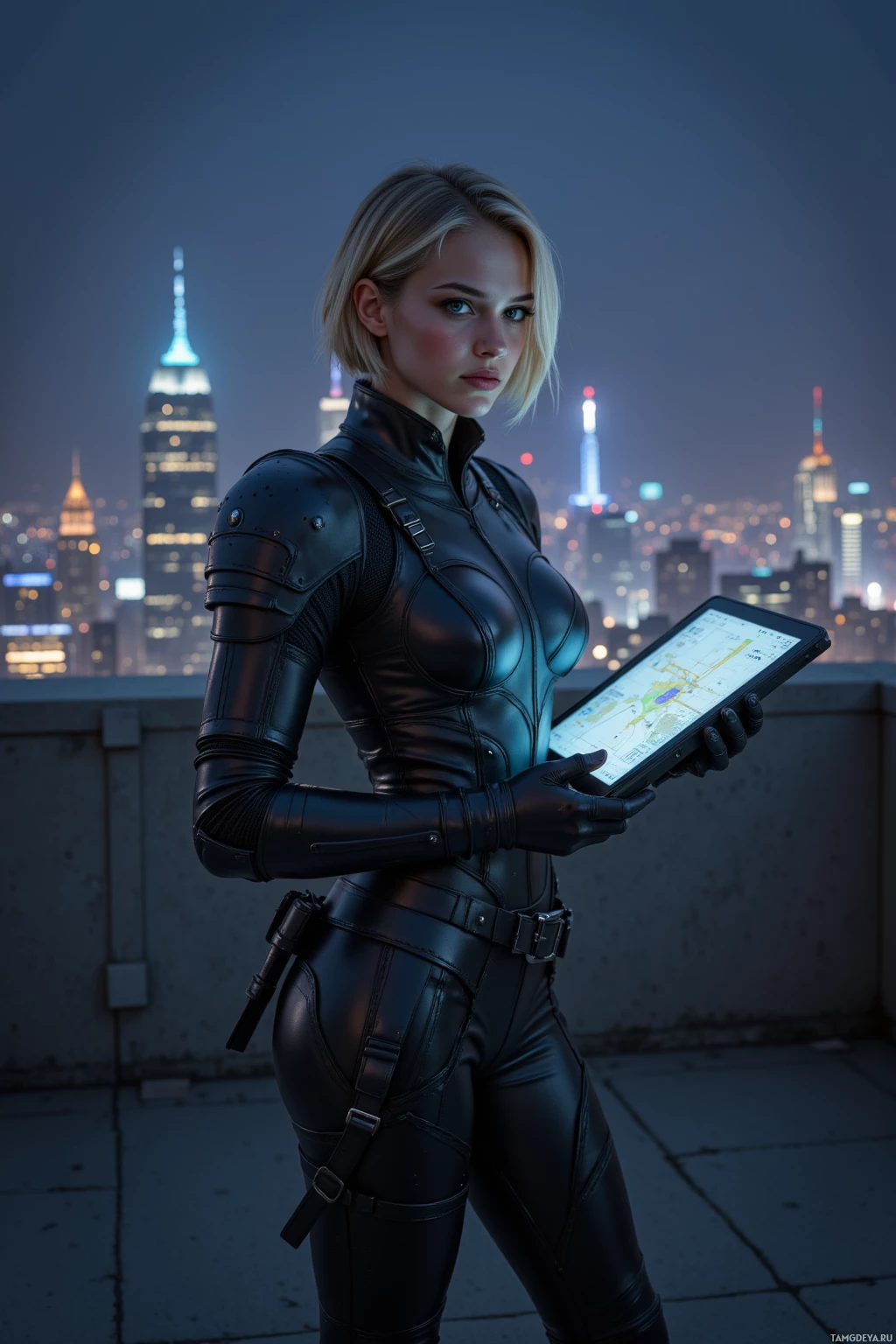 A person in a black leather outfit stands on a rooftop at night, holding a tablet, with a cityscape in the background.