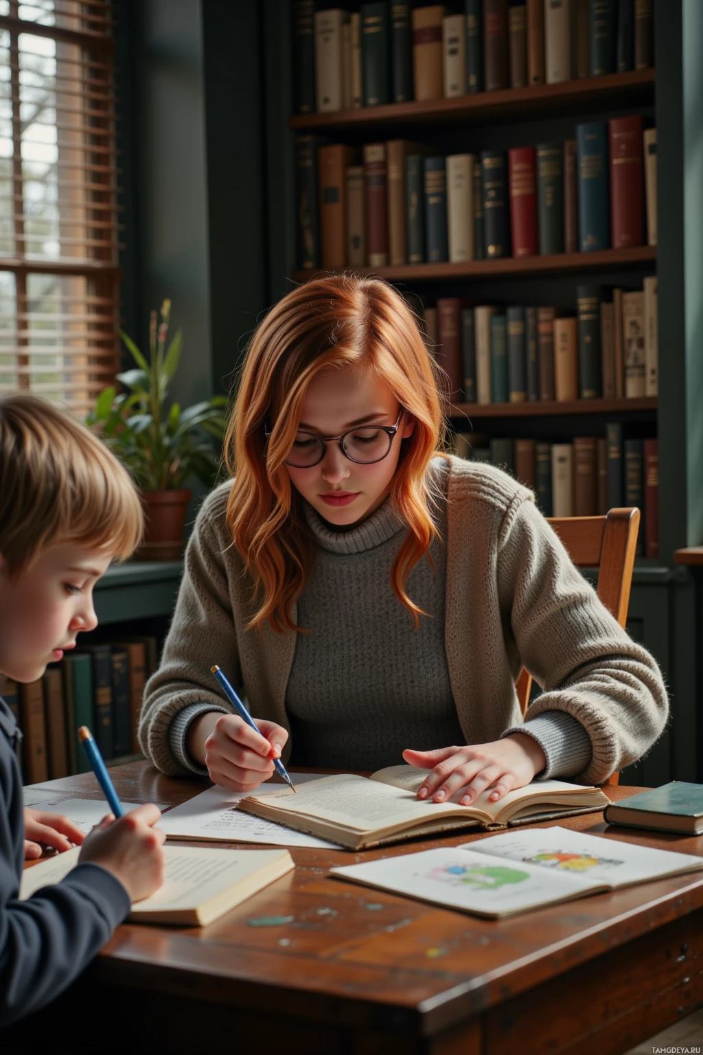 A woman and a child are studying at a desk in a library.
