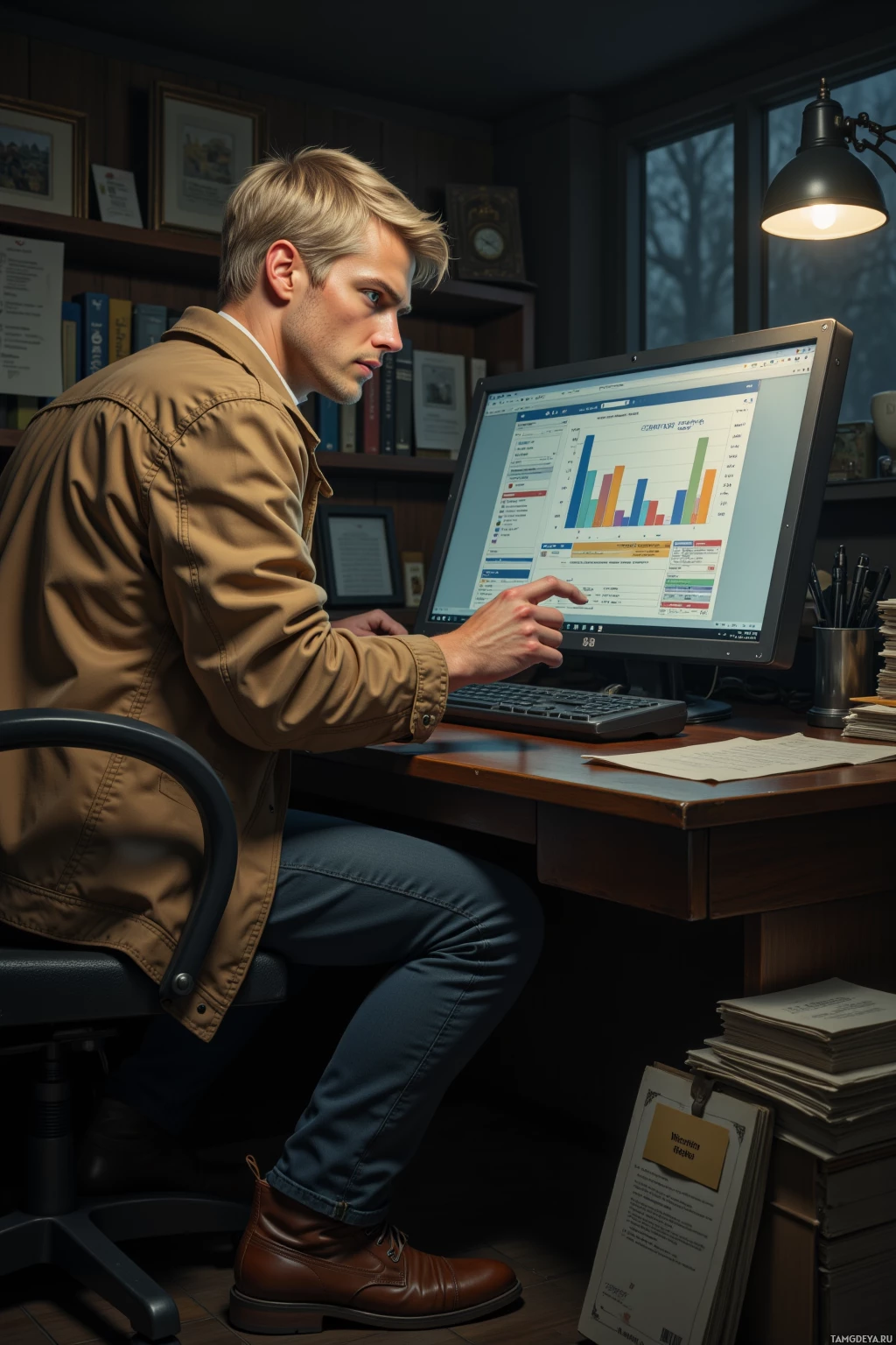 A man in a brown jacket and jeans is working at a desk with a computer displaying graphs and charts.