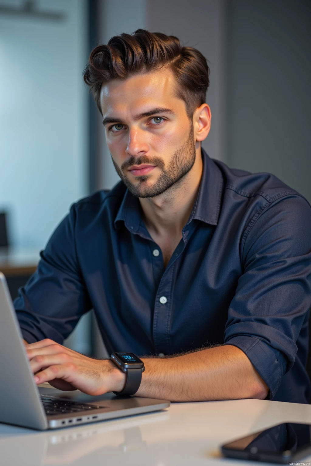 A man in a dark blue shirt is sitting at a desk, using a laptop.