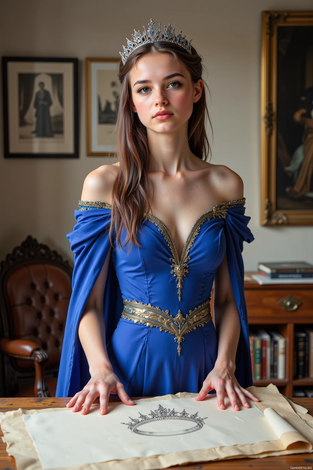 A woman in a blue gown with a crown stands beside a table with a crown sketch.