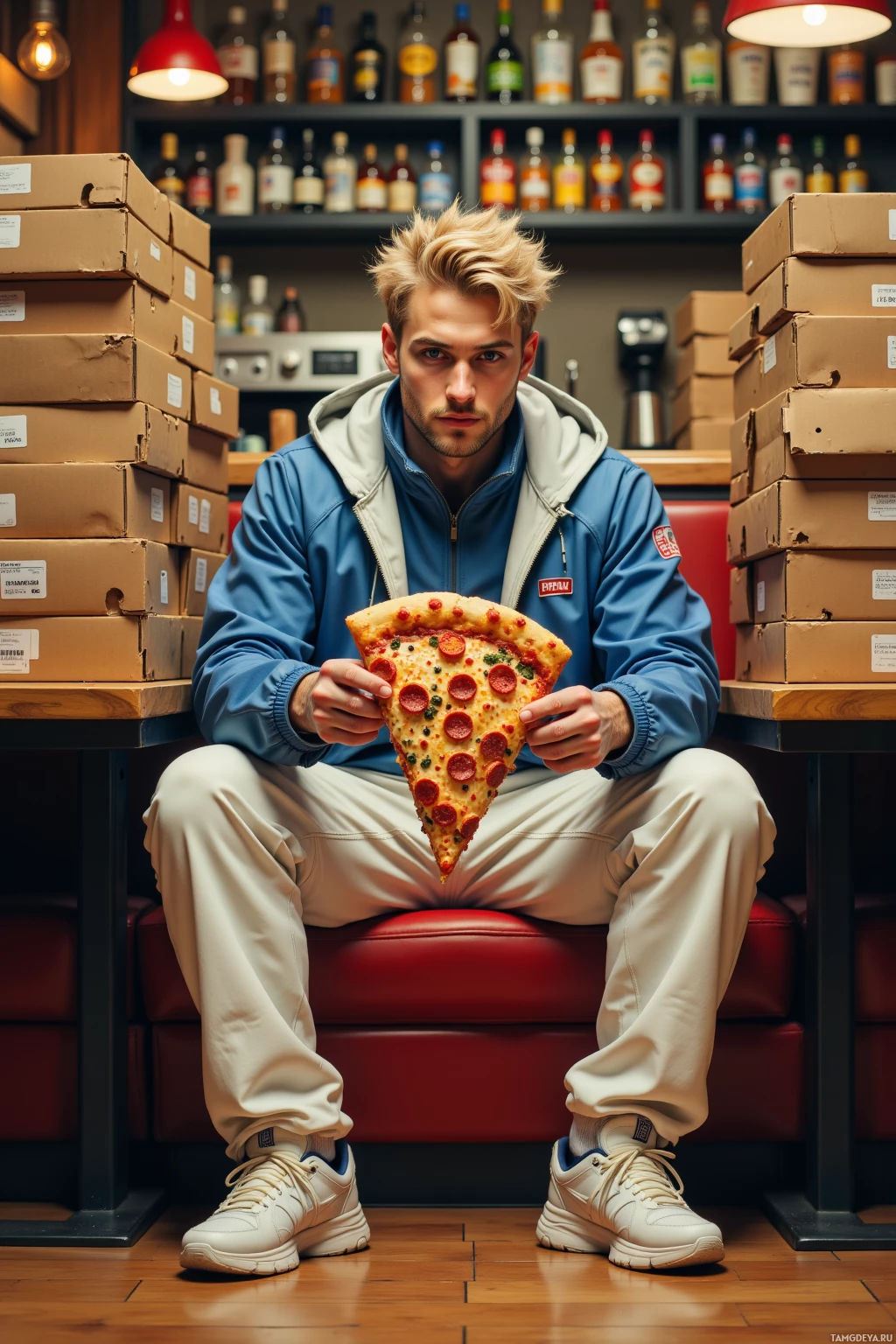 A person in a blue jacket holds a slice of pizza while sitting in a restaurant setting.