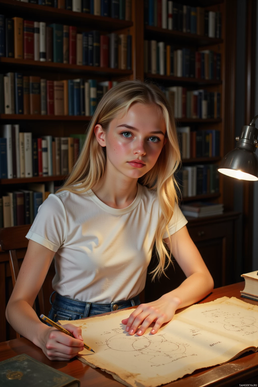 A young person sits at a desk in a library, writing on a large piece of paper with a pencil.