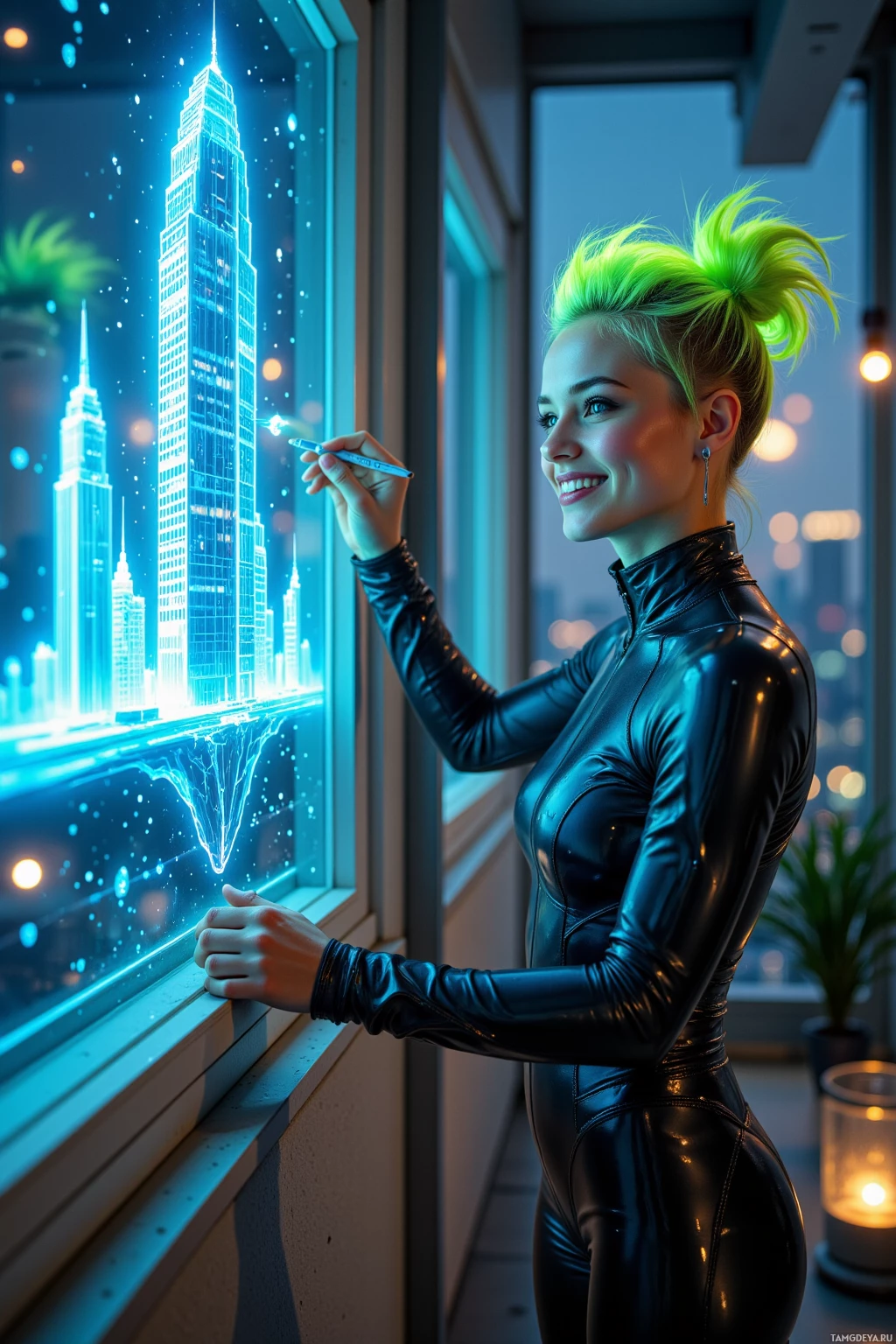 A woman in a black catsuit stands by a window, drawing a cityscape with a pen.