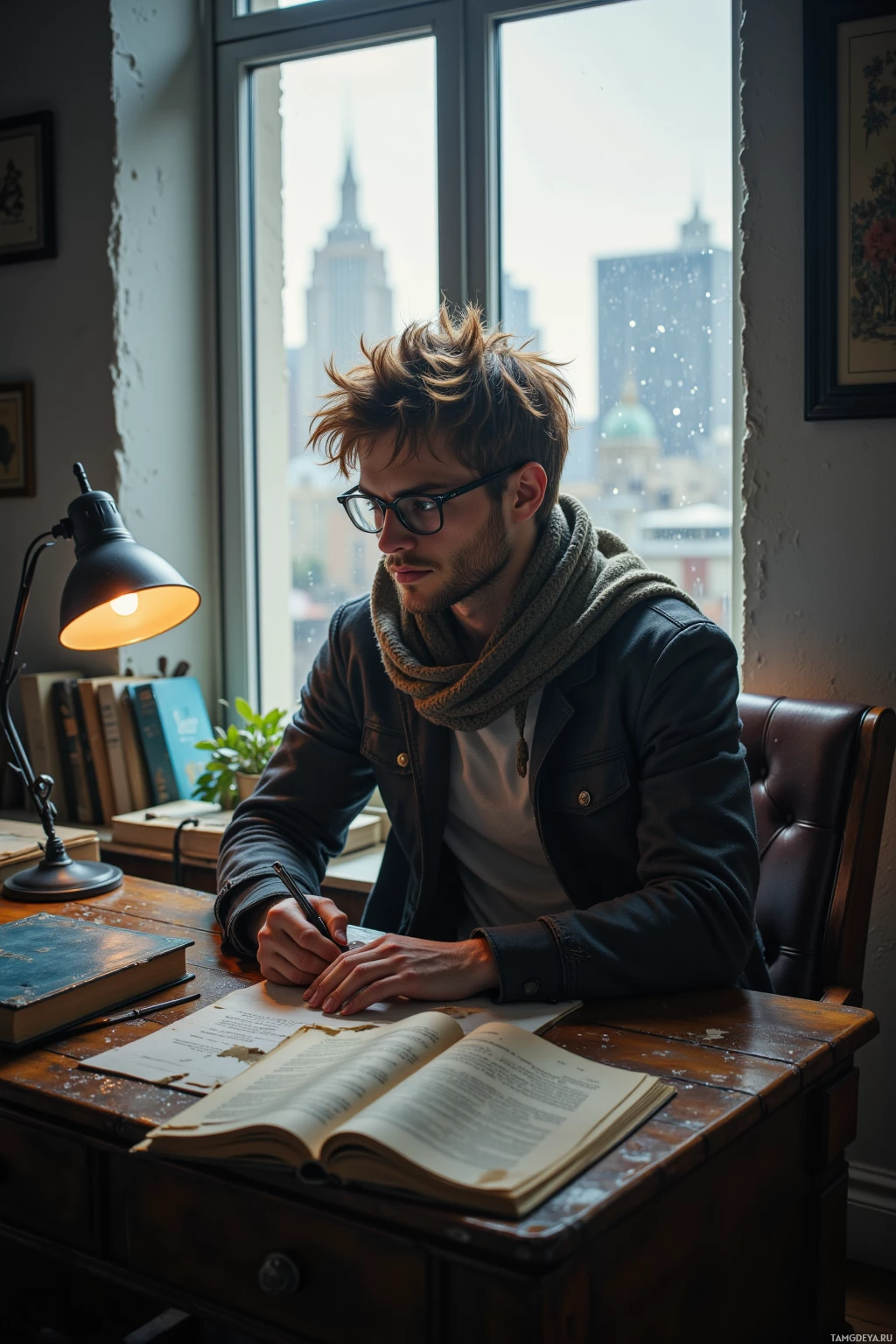 A man sits at a desk, writing in a notebook with a cityscape visible through the window behind him.