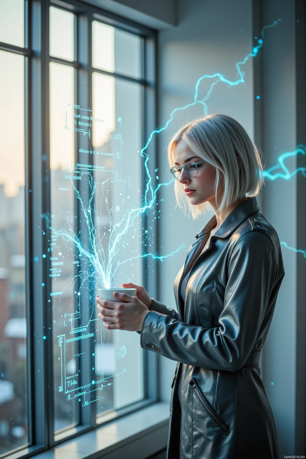A person in a leather jacket stands by a window, holding a cup, with a glowing, futuristic display behind them.