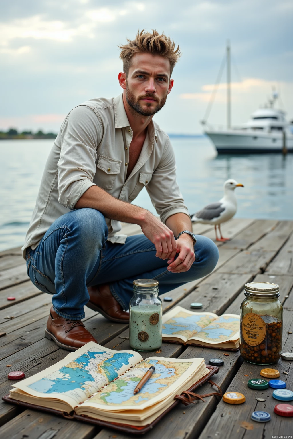 A man squats on a dock by the water, surrounded by a map, jars, and a seagull.
