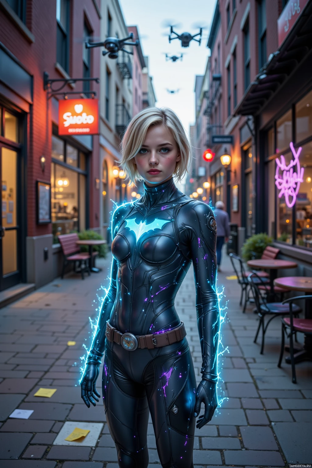 A person in a futuristic, black, form-fitting suit with glowing blue and purple accents stands in a city alleyway.