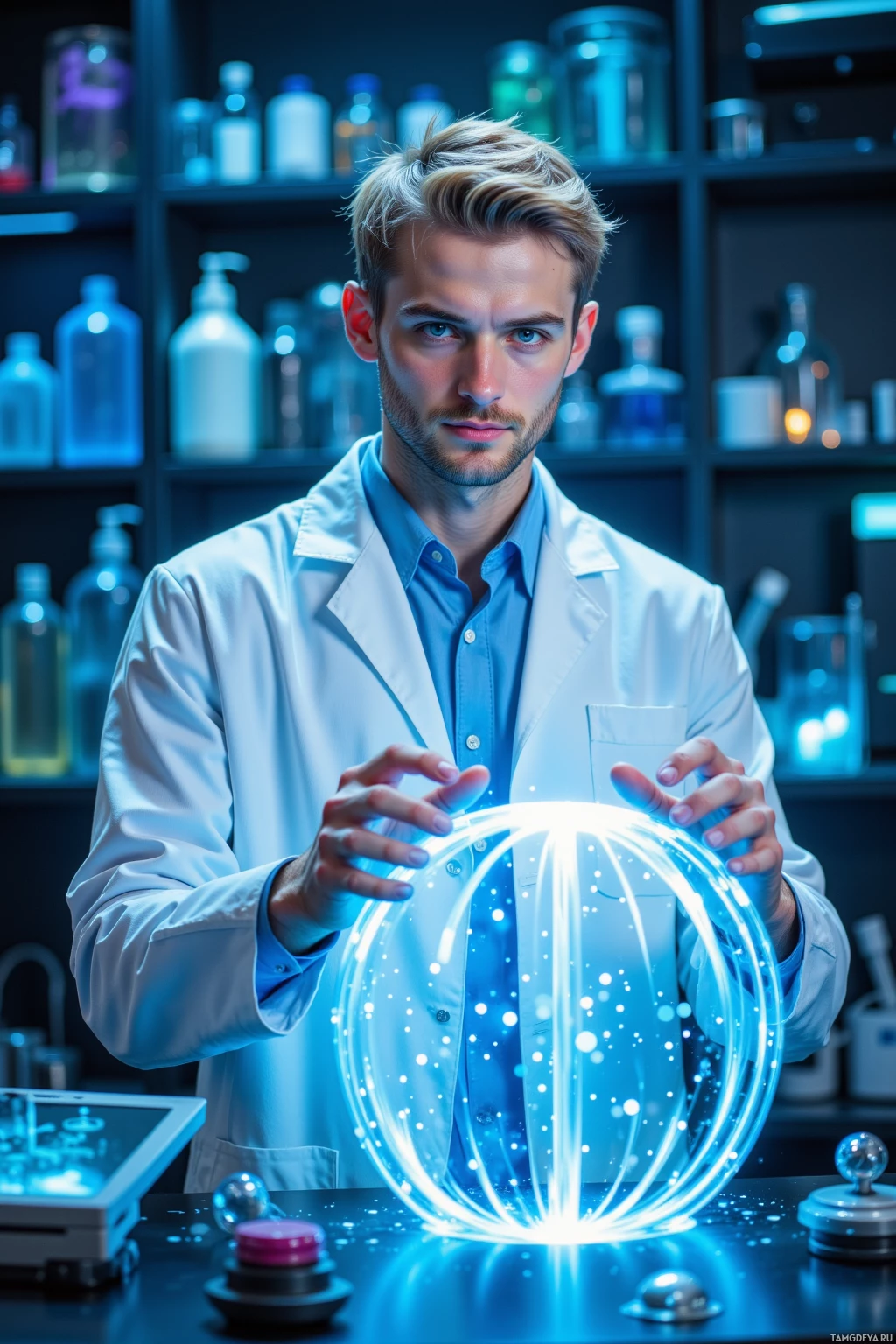 A scientist in a lab coat holds a glowing, spherical object in a laboratory setting.