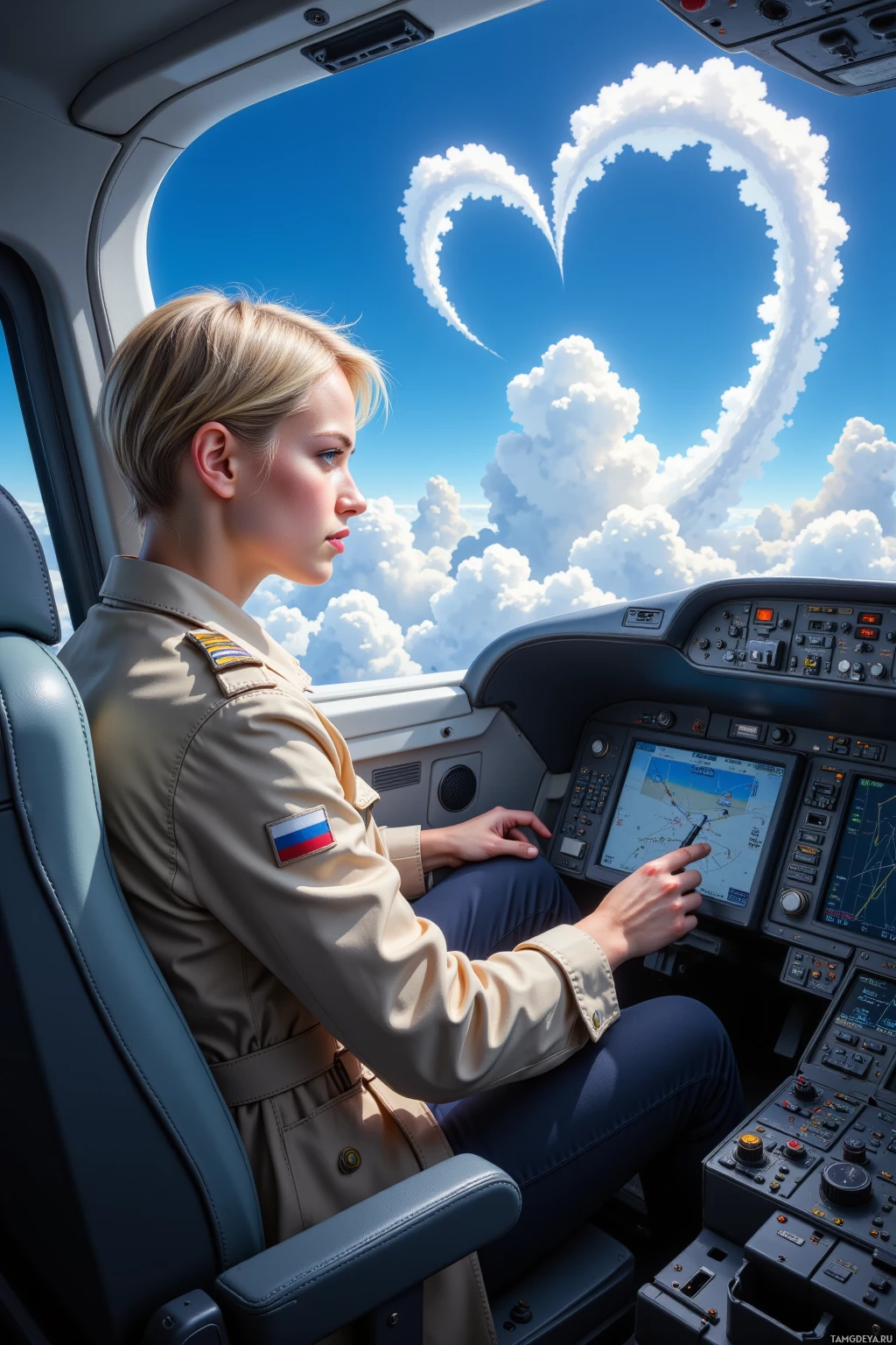 A pilot in uniform sits at the controls of an aircraft, gazing out at a heart-shaped cloud formation in the sky.