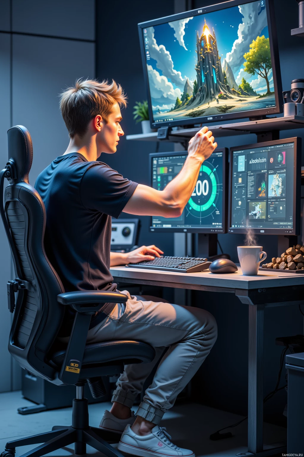 A person is seated at a desk with multiple monitors, working on a computer in a modern office setting.