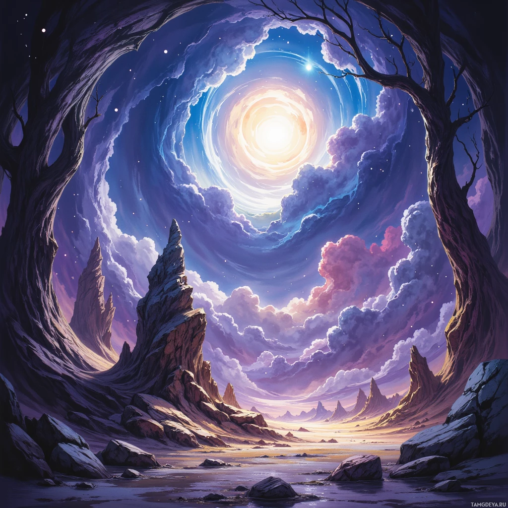 A surreal landscape with a glowing celestial body in the sky, surrounded by rocky formations and a barren tree.