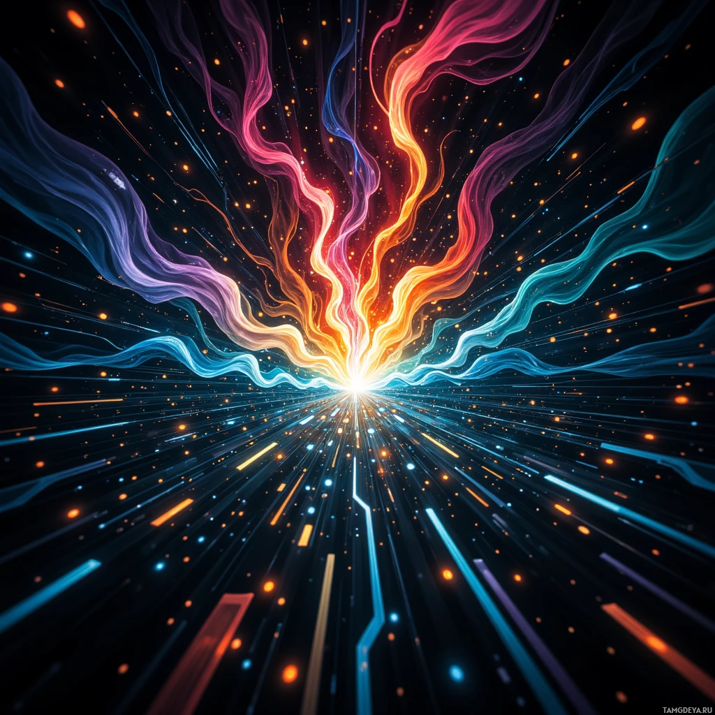 A vibrant cosmic scene with swirling energy streams and glowing particles radiating outward.