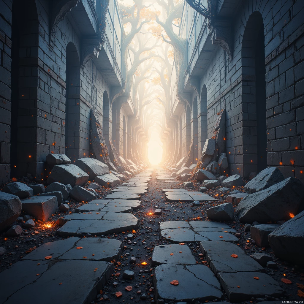 A stone pathway leads through an ancient, dimly lit corridor towards a bright, sunlit opening at the end.