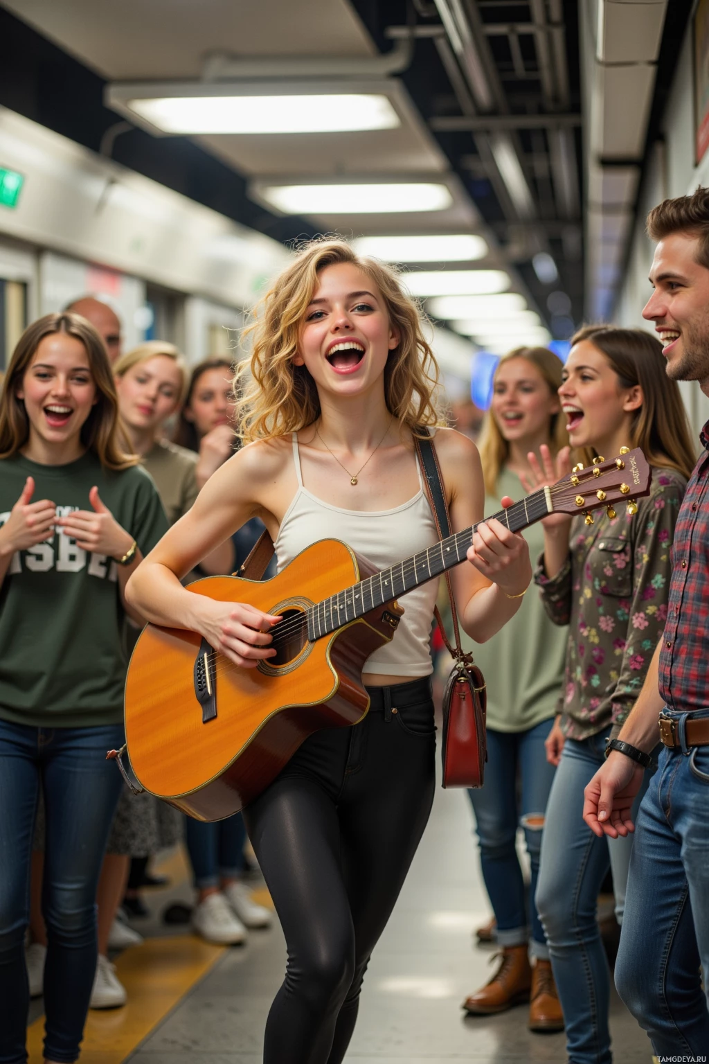 A group of people, including a woman playing a guitar, are in a subway station, smiling and enjoying themselves.