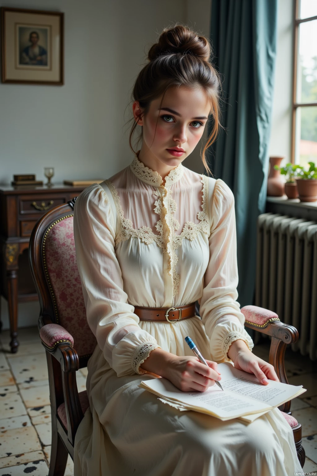 A woman in a vintage-style dress sits in a chair, writing in a notebook.