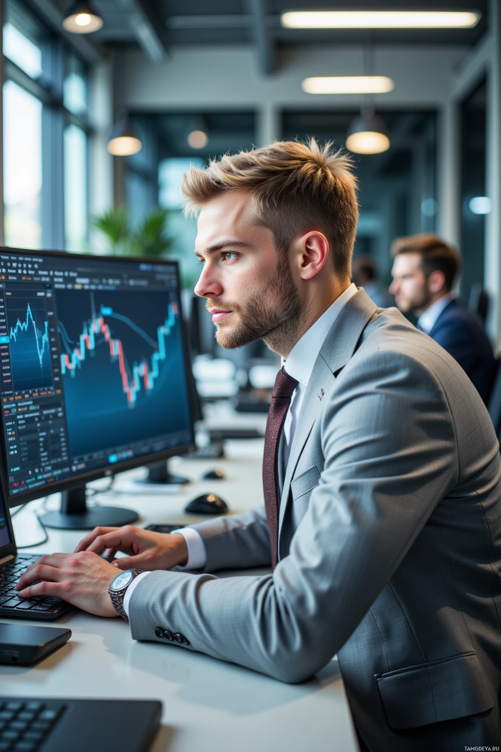 A man in a suit works at a desk with a computer displaying financial charts.