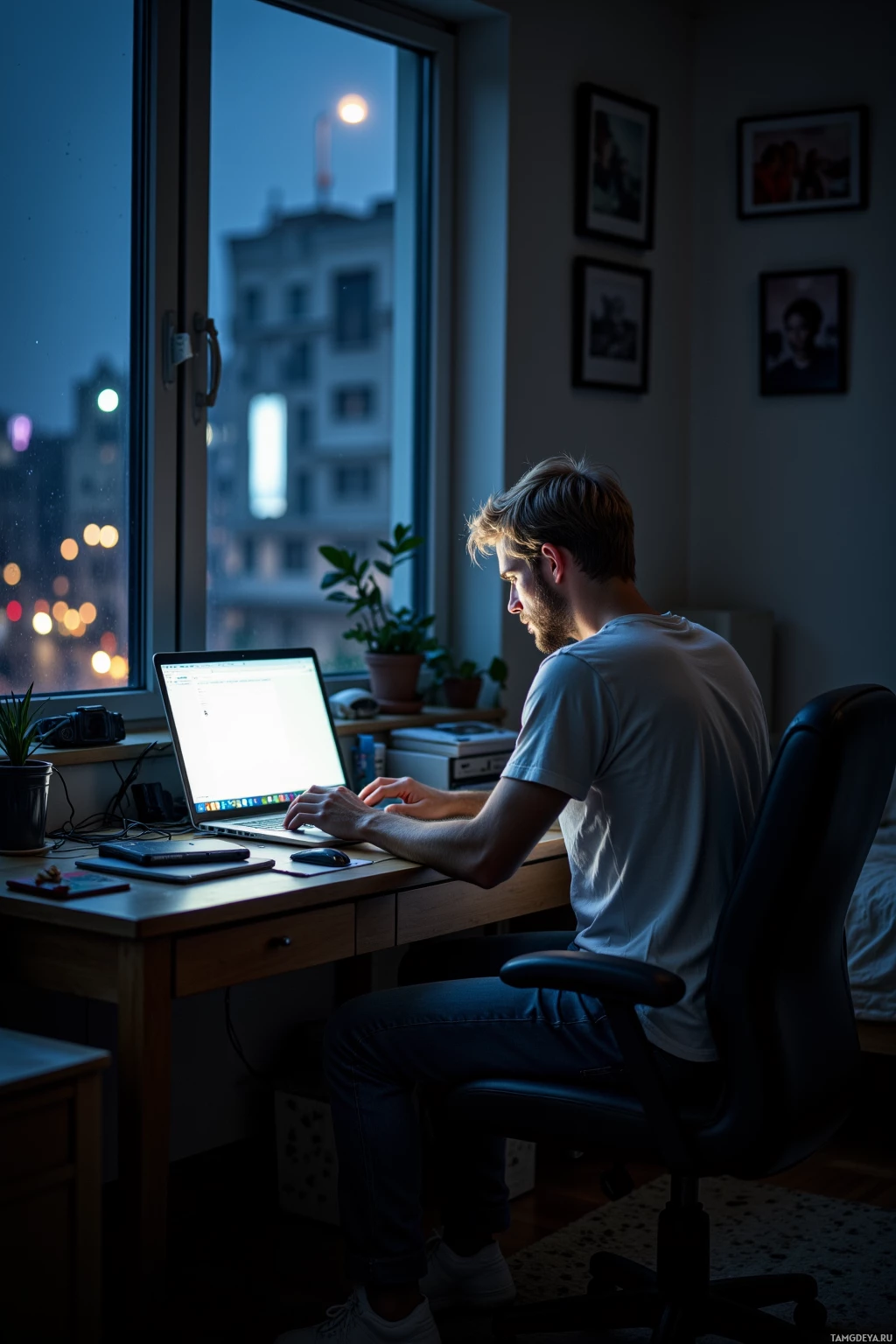 A person works on a laptop at a desk by a window with a cityscape view at dusk.
