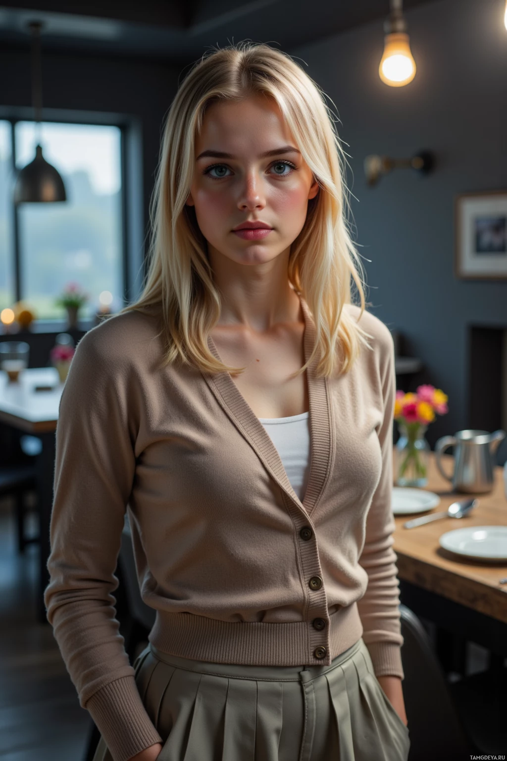A woman with blonde hair wearing a beige cardigan and skirt stands in a modern kitchen.