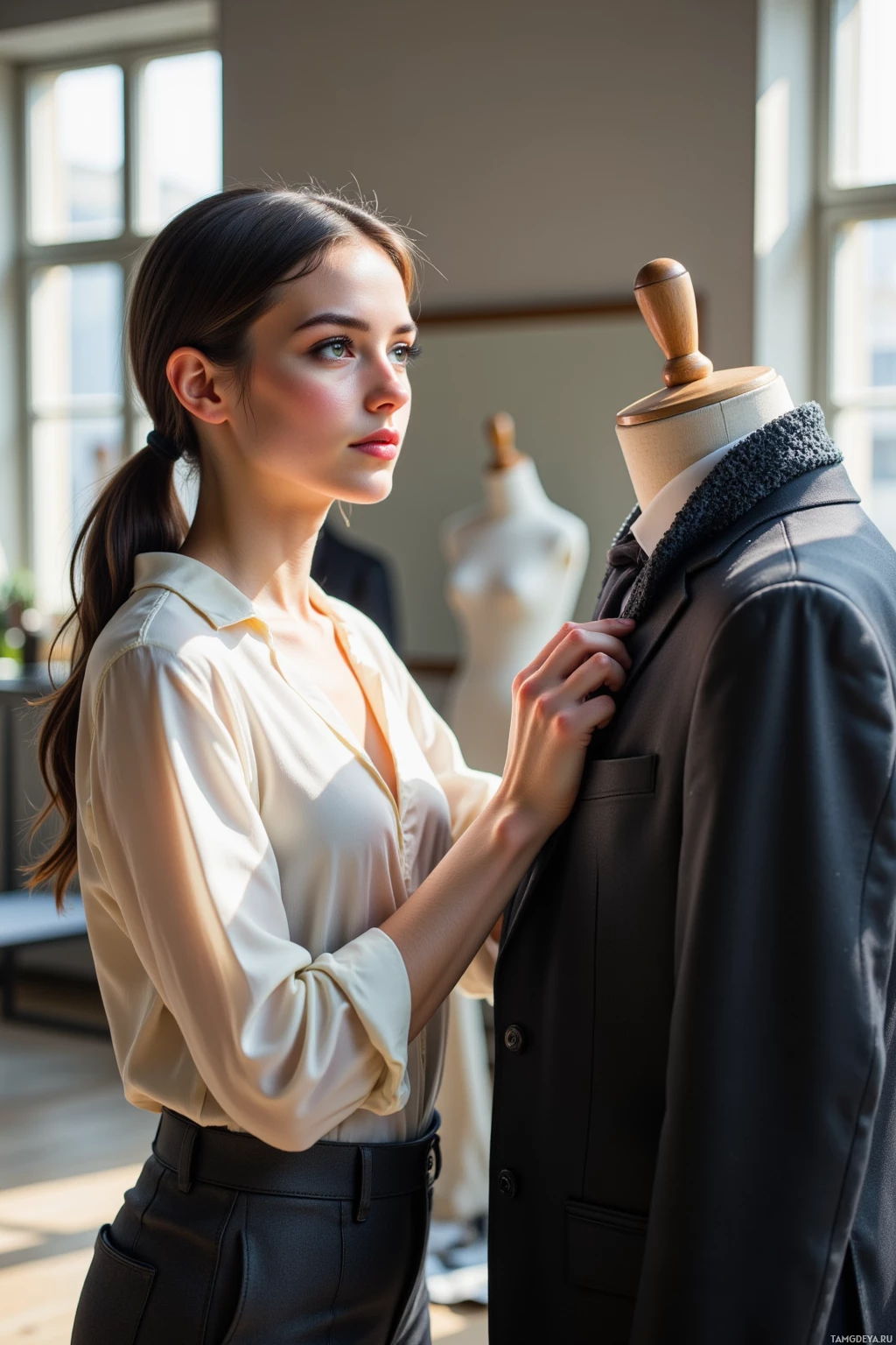 A woman in a white blouse and black pants adjusts a suit jacket on a mannequin in a well-lit room.