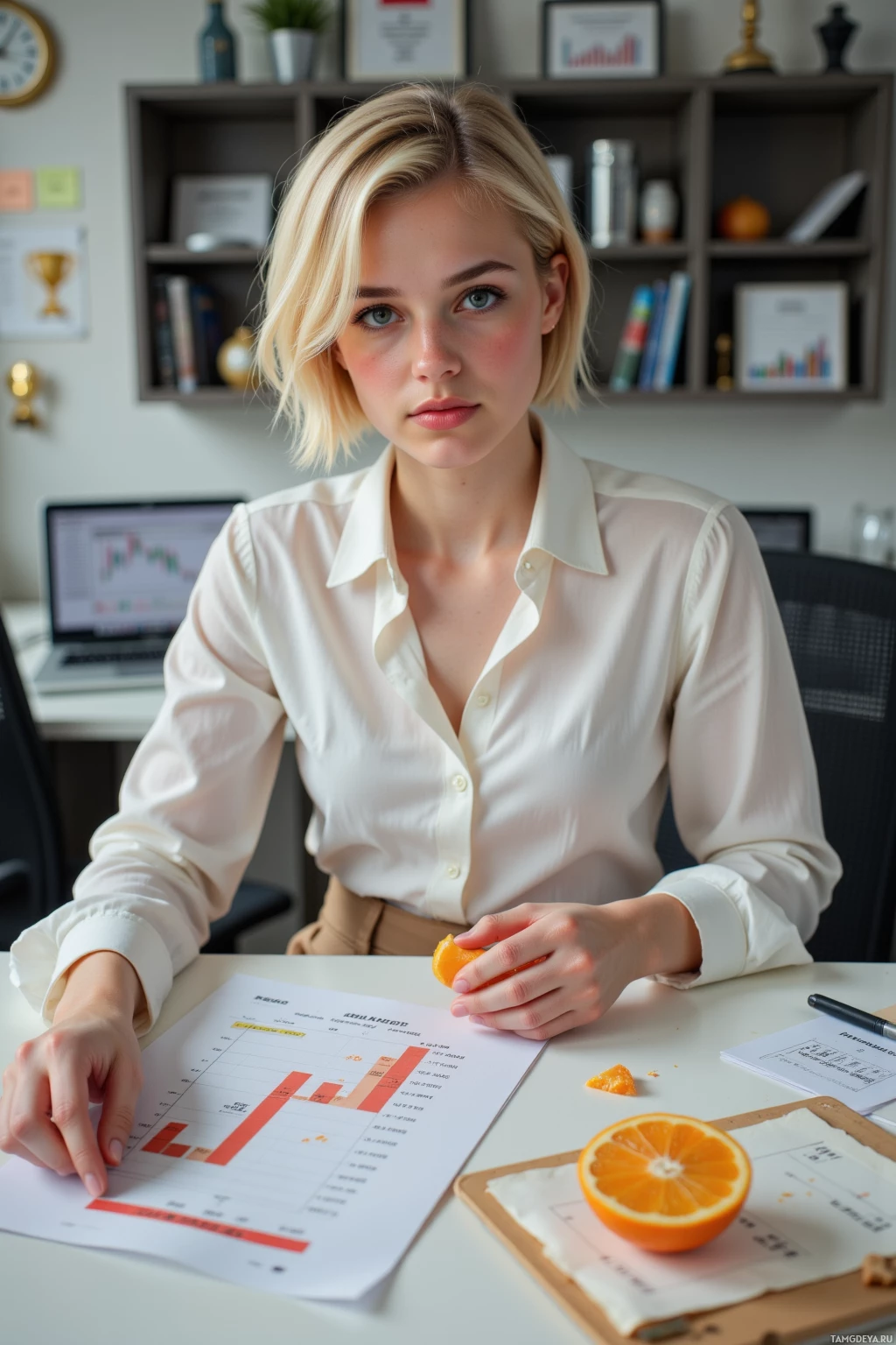 A woman in a white shirt sits at a desk with a laptop, documents, and an orange.