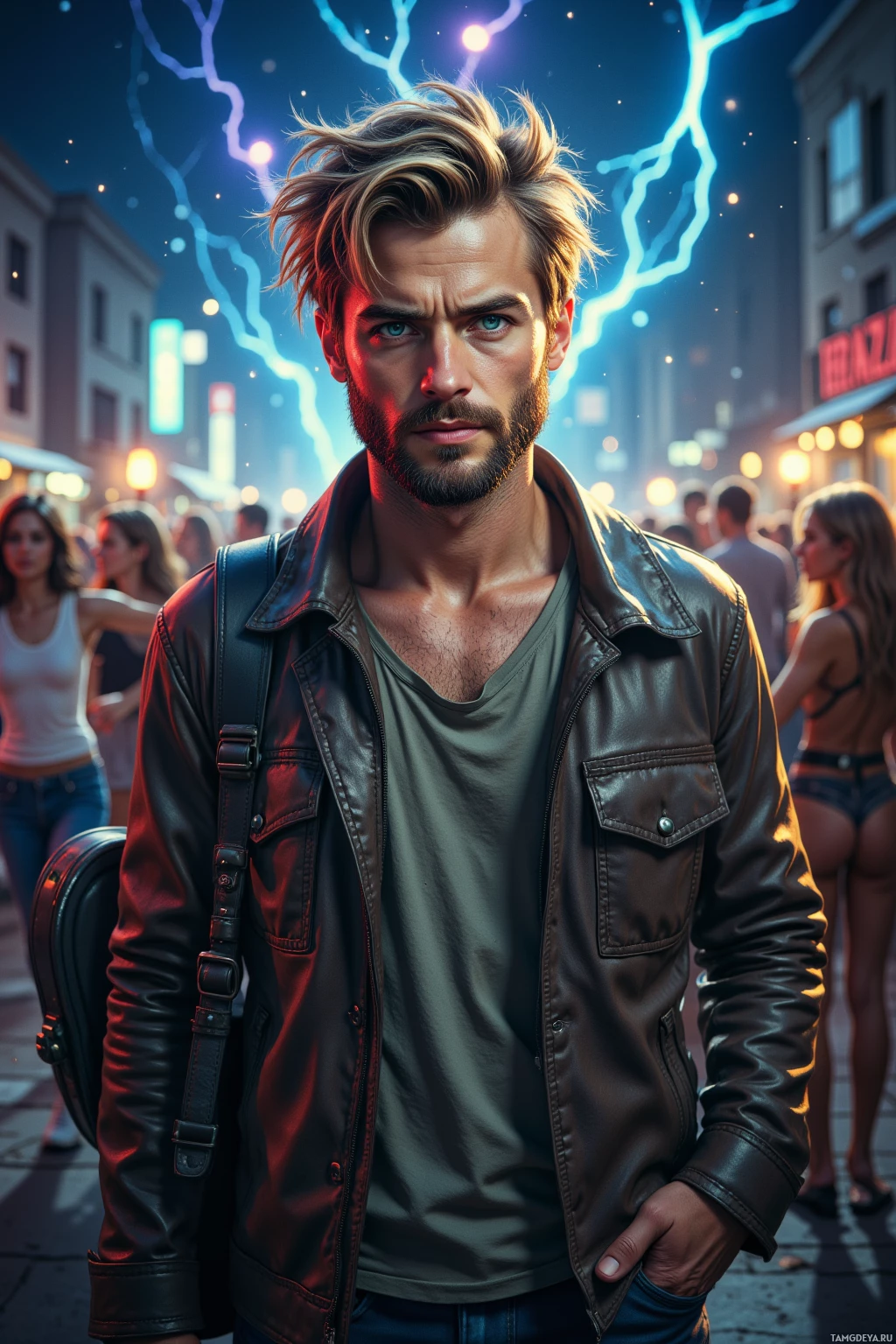A man with a beard and leather jacket stands on a lively street at night.