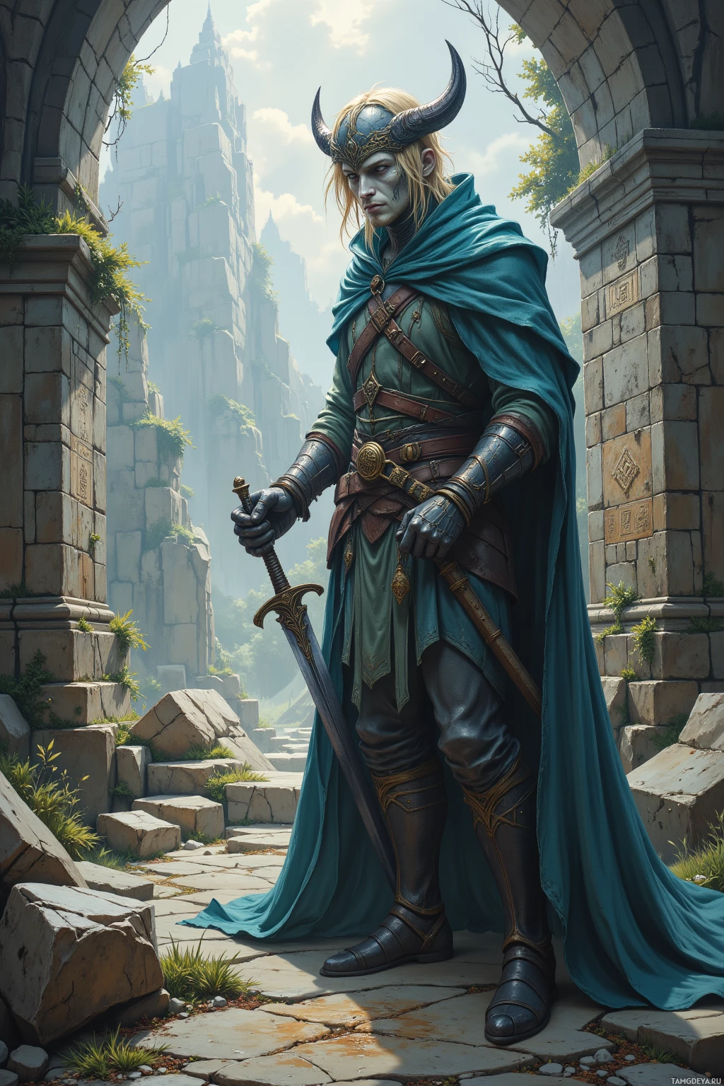 A warrior in ornate armor stands in a stone archway, holding a sword.