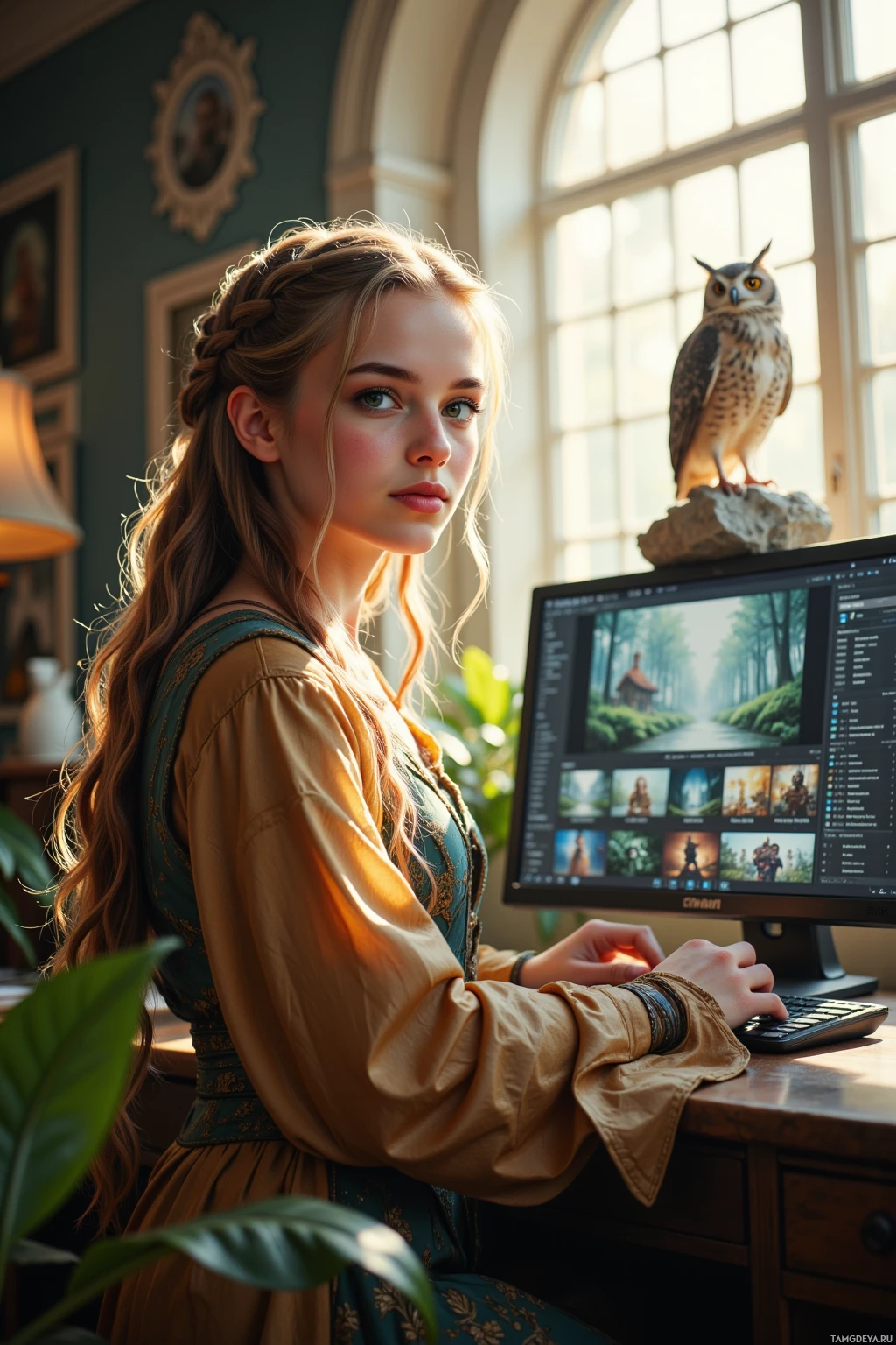 A woman in a historical-style dress works at a computer with an owl perched on a rock in the background.