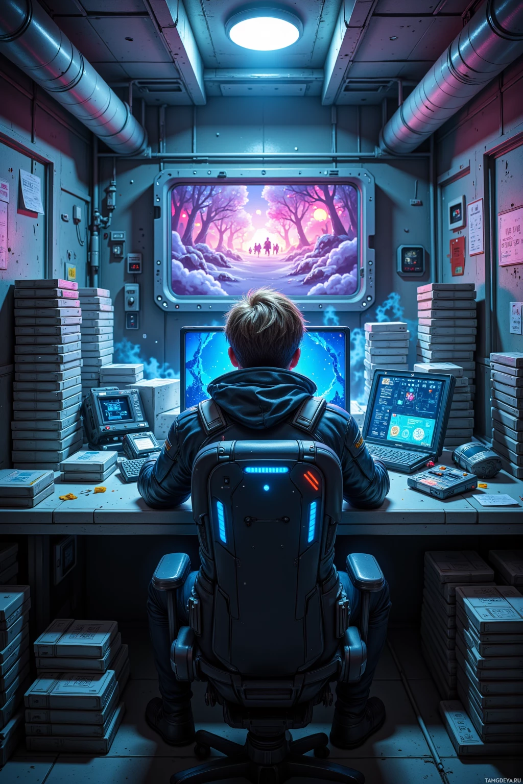 A person sits at a desk in a futuristic room, facing a large window displaying a serene forest scene.