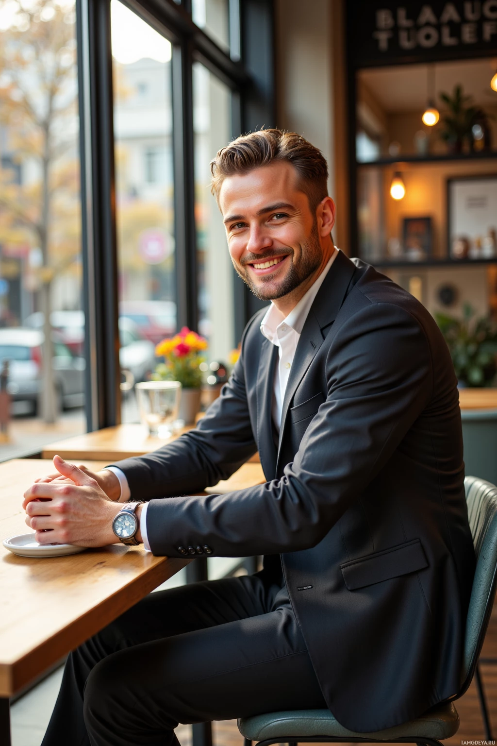 A man in a suit sits at a cafe table, smiling.