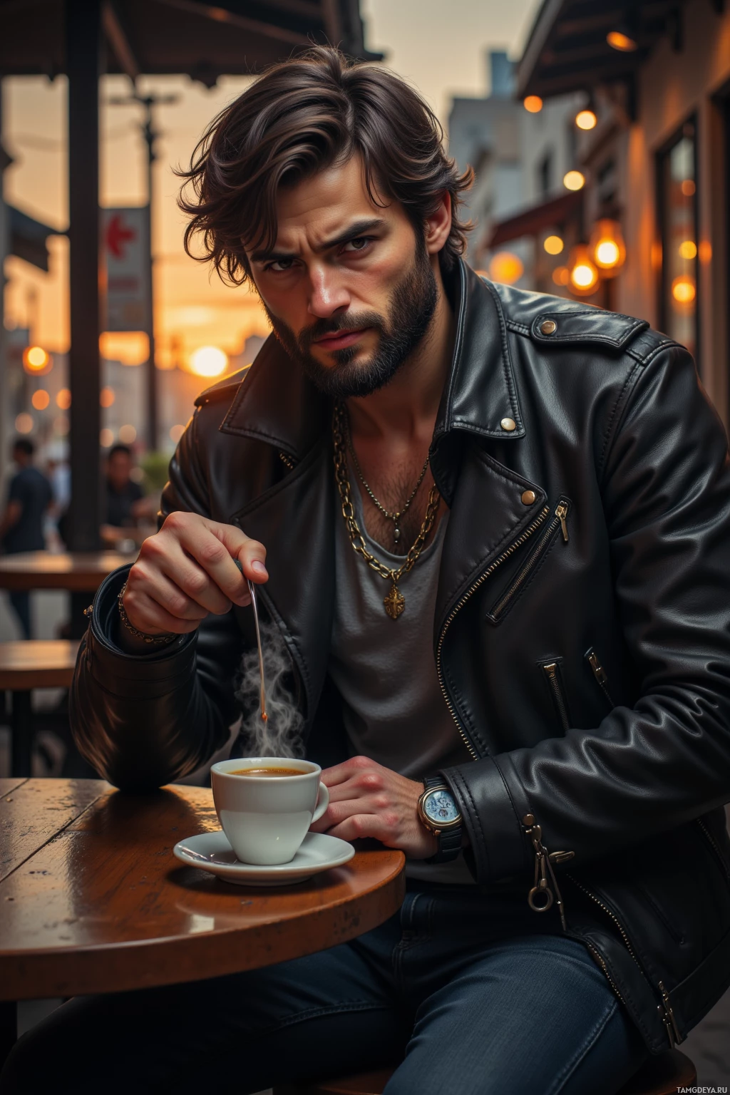A man in a leather jacket sits at a café table, stirring a cup of coffee.