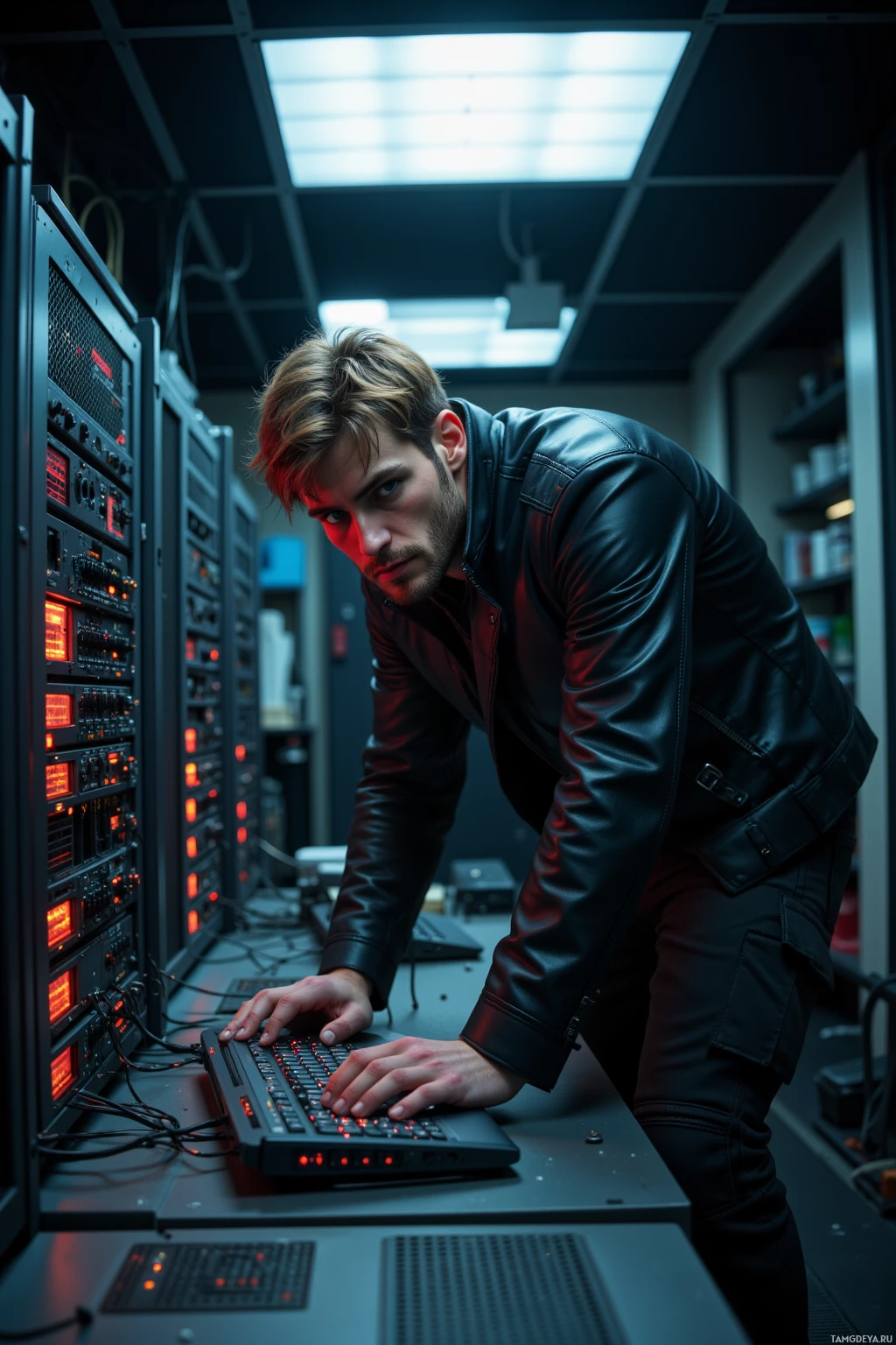 Realistic high quality photo. A 30‑year‑old man with light brown hair and piercing blue eyes, wearing a fitted black leather jacket and dark tactical pants, hunched over a cluttered server room table at midnight, his fingers flying across a keyboard as glowing LEDs blink from an old router, with dim fluorescent lights overhead and cables crisscrossing the background.