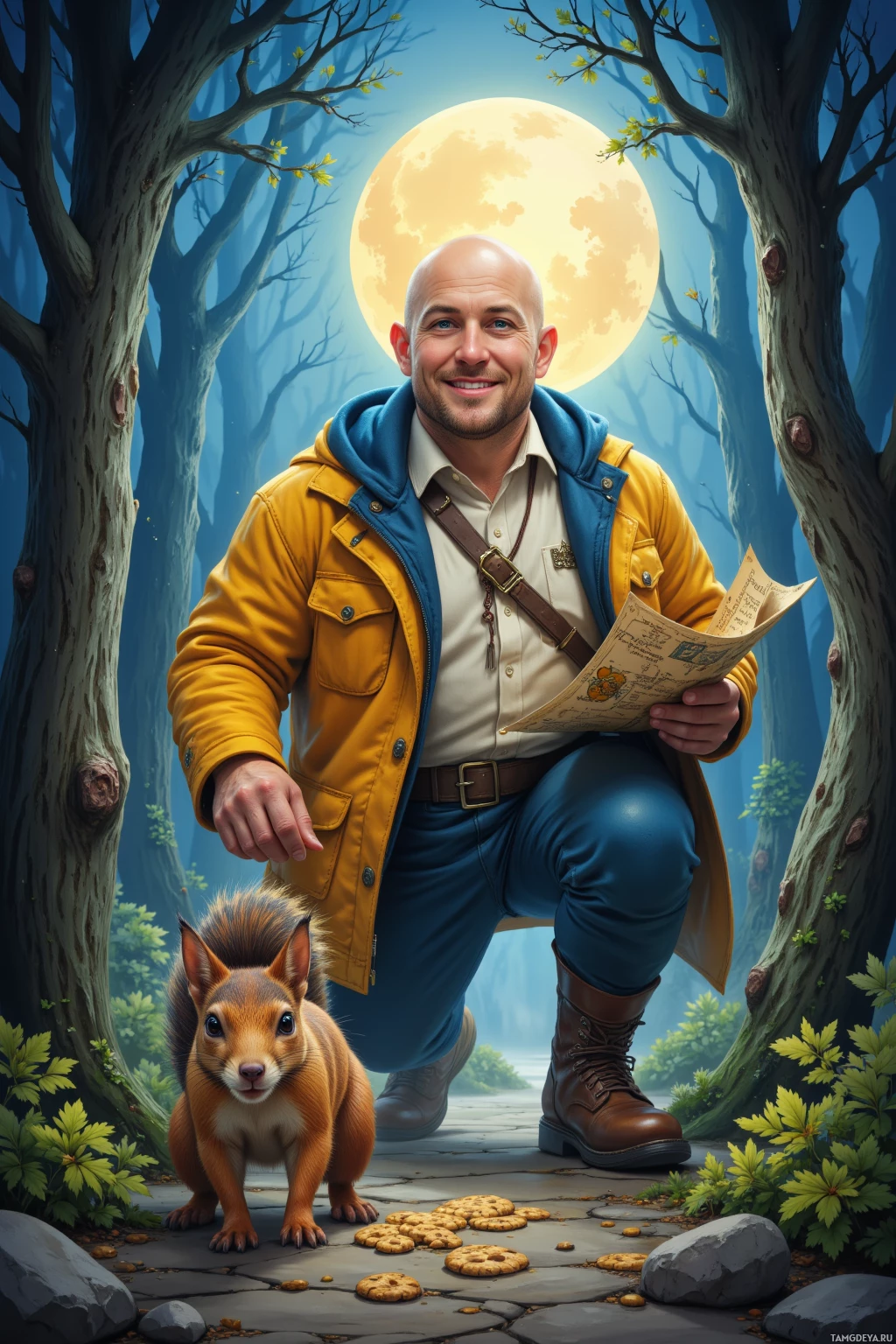 Realistic high quality photo. A round, bald, 31‑year‑old man with bright blue eyes, fair skin, wearing a bright yellow jacket and a whimsical smile, chasing a squirrel wearing a tiny crown through a moonlit forest, holding a whimsical map that doubles as a dragon stew recipe, with enchanted breadcrumbs spilling from his pockets while giggling goblins hover nearby under a glowing full moon.