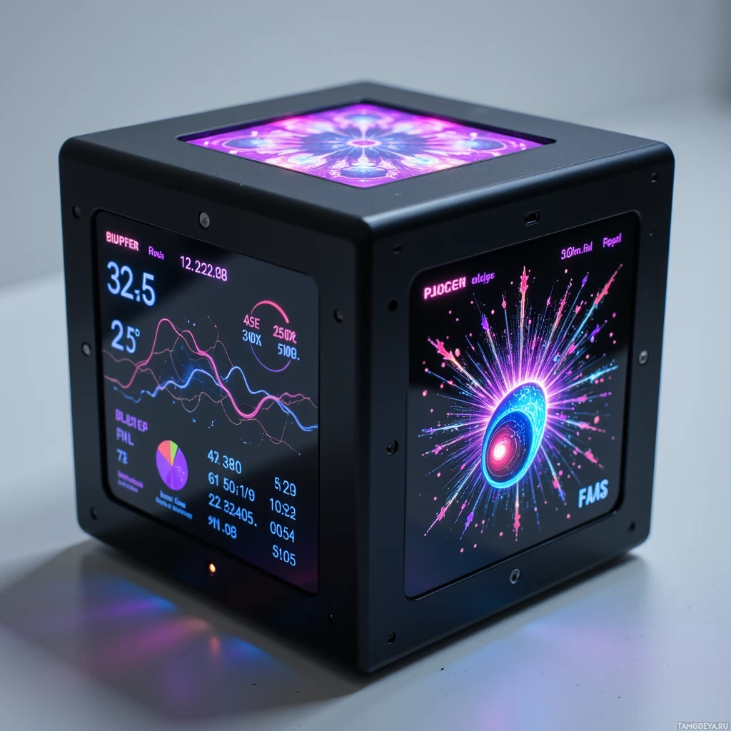 Semi-abstract image with many light, that is suitable for the post:  12‑inch matte black titanium alloy cube with a translucent touch screen, glowing fluorescence readouts, a projected 3‑D schematic of protein folding, and embedded micro‑spreadsheet overlays displaying buffer pH, temperature, and ion concentration.