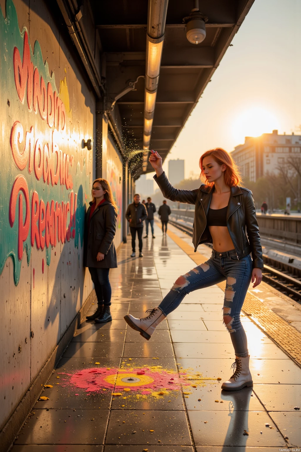 Realistic high quality photo. A 25‑year‑old woman with bright red hair, green eyes, wearing a black leather jacket, ripped jeans, and pale combat boots, stands on a subway platform at sunrise, spray‑painting a rhyming protest slogan with splashing ink on a concrete wall, then launching into a dramatic acrobatic pirouette while glitter sparkles brighter than the watching crowd, golden light flooding the scene.