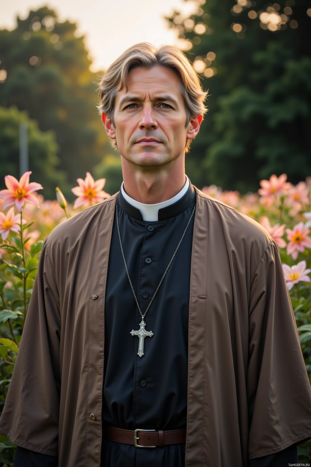 Realistic high quality photo. A dignified 45‑year‑old man with light blonde hair streaked with gray, soft blue eyes, and fair skin, wearing simple elegant traditional clerical robes in muted earth tones with a silver cross pendant, walking alone through a tranquil garden at dusk surrounded by blooming lilies glowing softly in evening light, his expression serene yet thoughtful, embodying quiet strength and protective resolve.