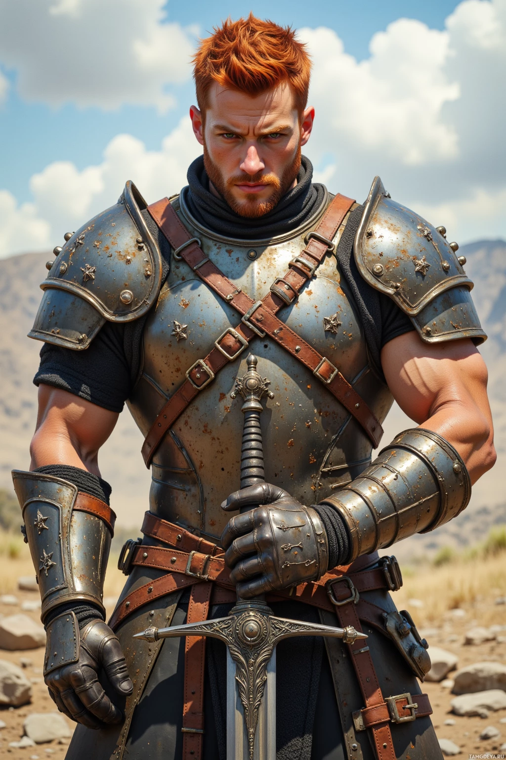 Realistic high quality photo. Male, 38, muscular, fiery red hair, sharp green eyes, fair skin, wearing rugged battle armor with intricate metal plates and leather straps, polishing a gleaming sword on a war‑torn plain at midday, determined stance.