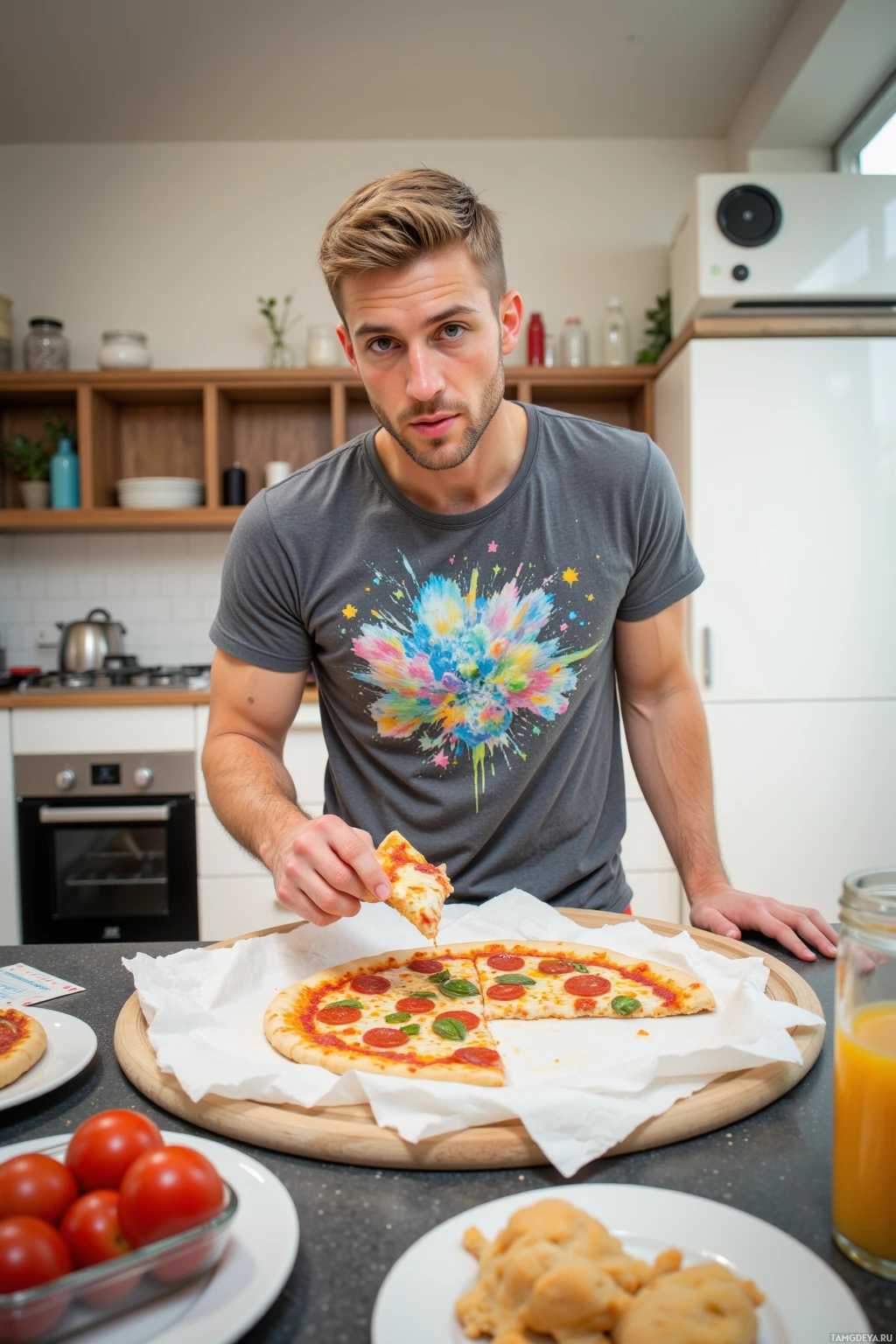 Realistic high quality photo. Male, 28, short light blonde hair, bright blue eyes, wearing a graphic t‑shirt and sneakers, standing in a bright modern kitchen at midday, holding a crumpled napkin with sticky pizza dough on his fingers as he sketches a colorful pizza slice, playful and carefree expression.