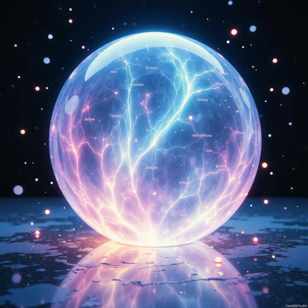 Semi-abstract image with many light, that is suitable for the post:  A sleek translucent glass sphere with a smooth reflective surface, its shell shimmering with shifting pastel color gradients and faint glowing words projected onto its surface, subtle luminous lines radiating outward to suggest gentle humming.