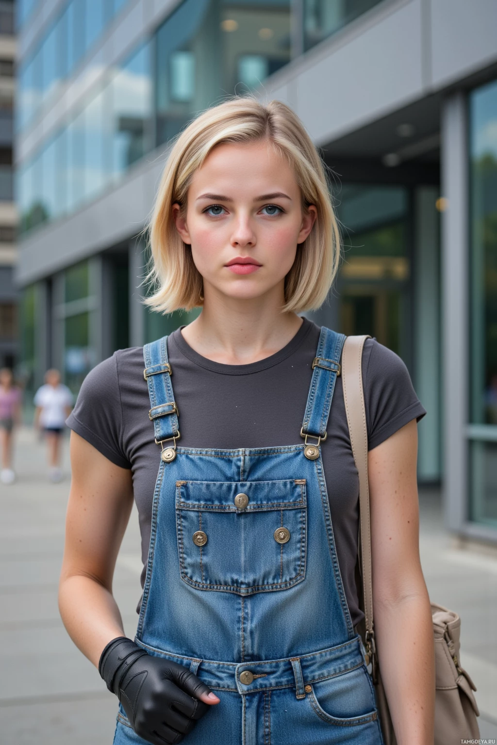 Realistic high quality photo. Woman, 34, short blonde hair, clear blue eyes, fair skin, wearing denim overalls, a simple t-shirt, sturdy gloves, walking briskly outside a modern glass office building in daylight, carrying a small tote bag, with a determined, no-nonsense expression.