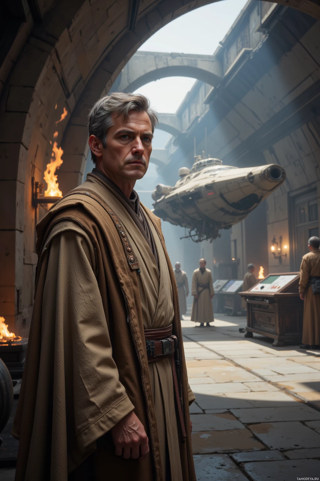 Realistic high quality photo. A 57‑year‑old man with short graying hair and piercing blue eyes in simple earthy‑tone Jedi robes with subtle embroidery stands in a quiet forge inside a docking bay, watching a ship glide past with steady hum while apprentices sketch in the background, his calm, wise demeanor reflecting strategic patience.